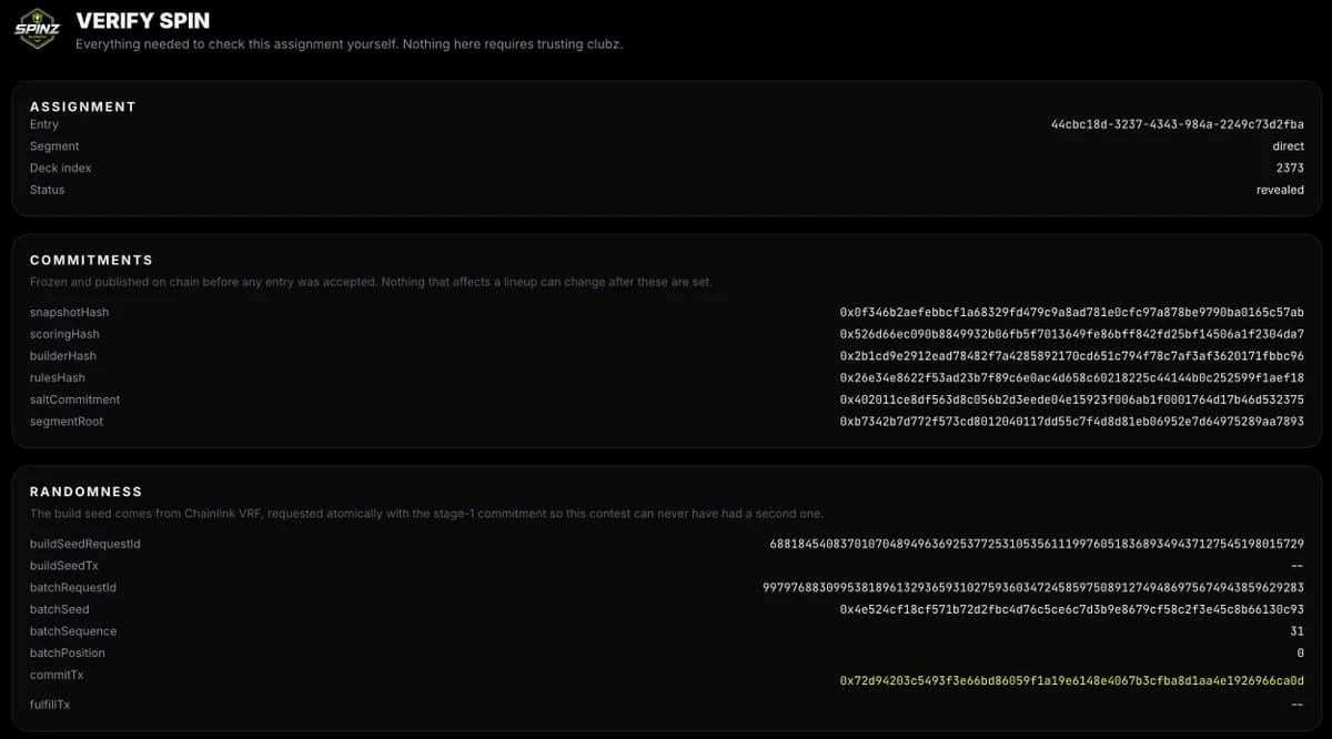 SPINZ verification screen