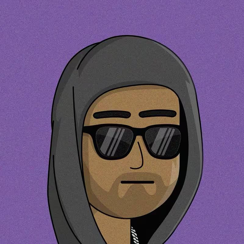 Abstractors character in a dark hoodie against a purple background