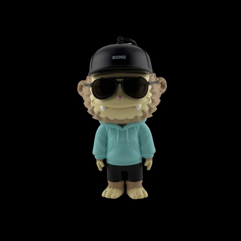 BUUMEE Genesis toy, front view with black cap, sunglasses and blue hoodie