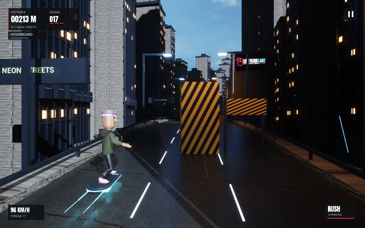 NOID RUNNER in Neon Streets, with wet roads, city lights, signal pickups and barriers