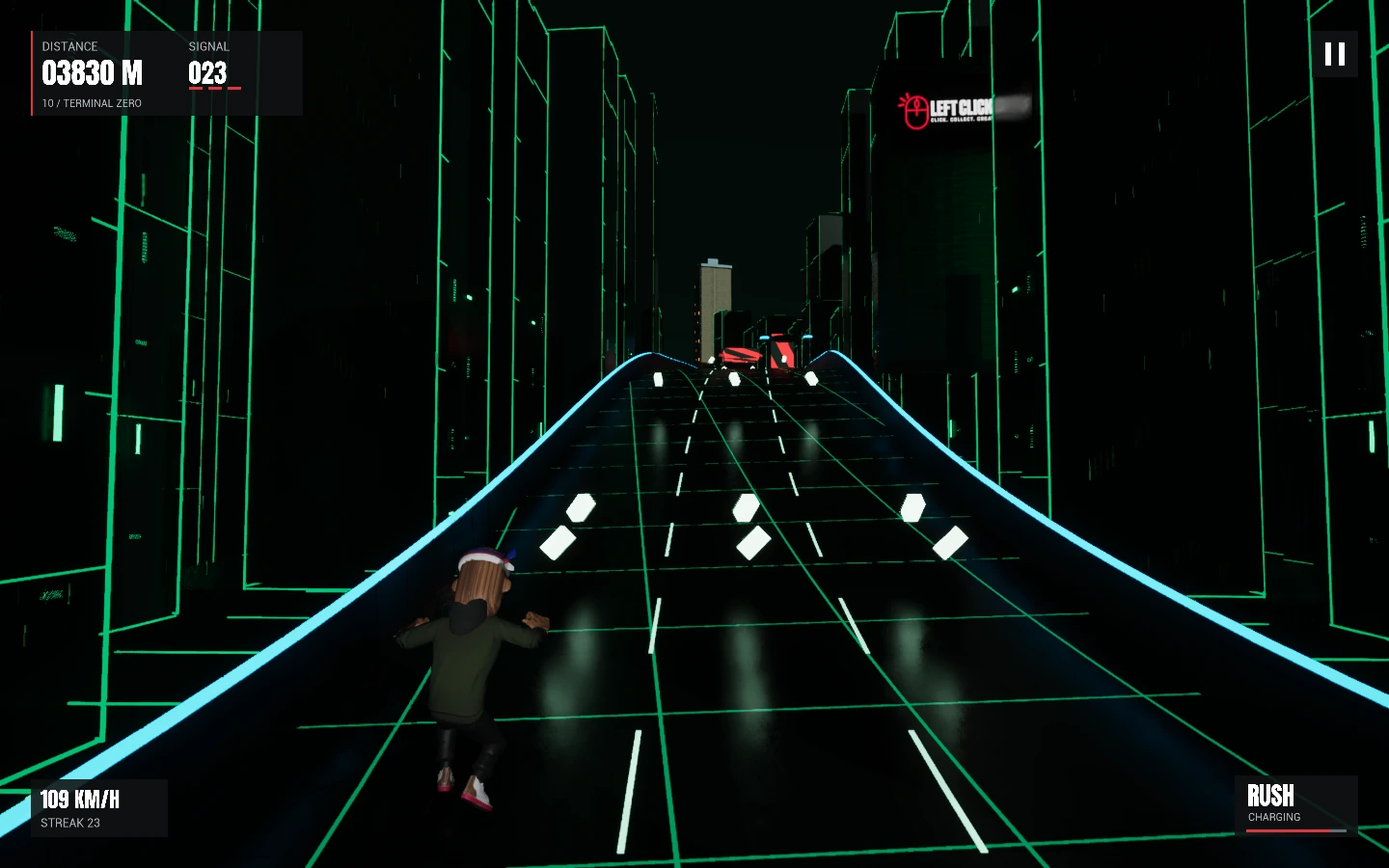 NOID RUNNER in Terminal Zero, surrounded by green digital buildings and track markings